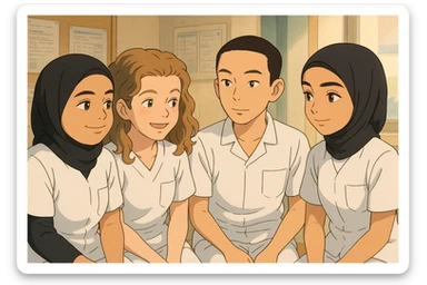 Four nursing students inspired by the provided faces, in Ghibli style, taking a break together in the care station. They wear short-sleeved white uniforms with V-neck, left chest pocket, no stand-up collar, no stethoscopes, and nothing protrudes from the sleeves. sticker
