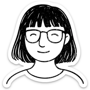 mujer con pelo negro, flequillo y gafas dibujo a mano icono sticker