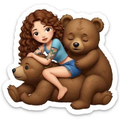 cute woman long curly brown hair tattoos riding sleepy bear sticker