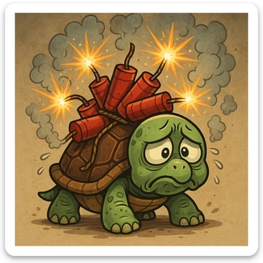 A cartoon turtle with firecrackers on its shell, appearing very sad and in pain, the firecrackers are sparking and dangerous sticker