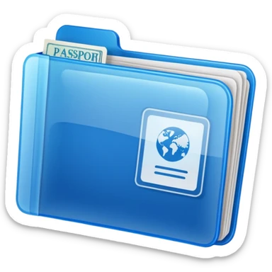 A translucent blue plastic folder with rounded corners, passport documents\ sticker