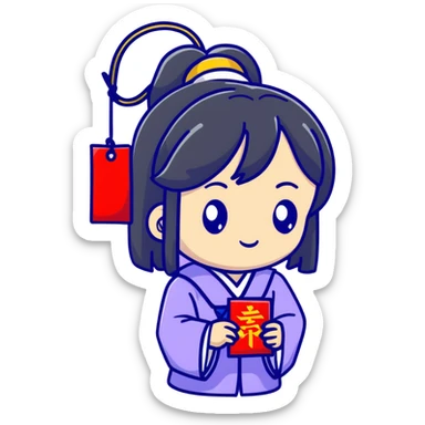 Cute Japanese high school girl buying omamori charm at shrine during school trip sticker