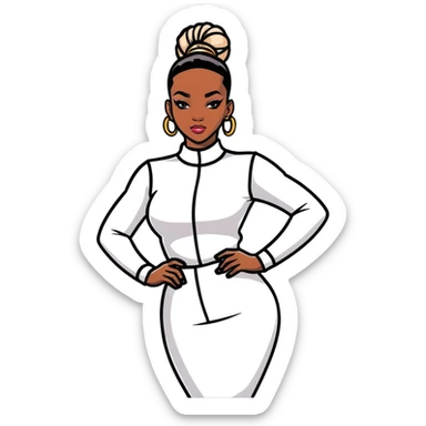 Glamorous African fashion model with tight high ponytail, catwalk pose, trendy designer outfit sticker