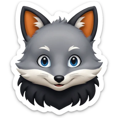 Grey anthropomorphic furry fox with a black coat, blue eyes, and a small fringe of black hair, smiling sticker