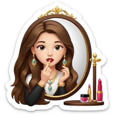 Girl with long brown hair, gold jewelry, and lashes, putting on lipgloss by a mirror  sticker