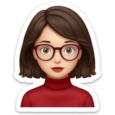 A girl has fair skin wavy dark brown hair, has glasses and almond brown eyes wears red turtle neck sticker