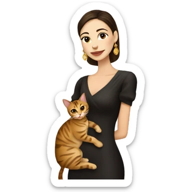 Beautiful skinny woman long dark brown hair in dark dress with gold earrings hug bengal cat sticker