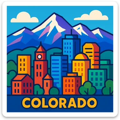 stylized illustration of a Colorado city skyline with mountains in the background, vibrant colors, clean lines sticker