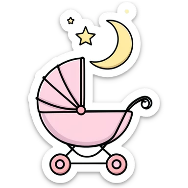 sleeping baby in pink and beige stroller under a crescent moon with sparkling stars and pastel blue clouds sticker
