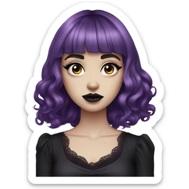 one single alt women, purple hair, wavy hair, medium hair, short bangs, dark makeup, dark pink lips, gothic detailed strap dress, white skin  sticker