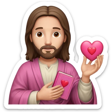 Jesus with a pink bible and a heart sticker