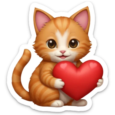 The ginger kitten is hugging a heart, very happy and smiling, he has a very beautiful face. sticker