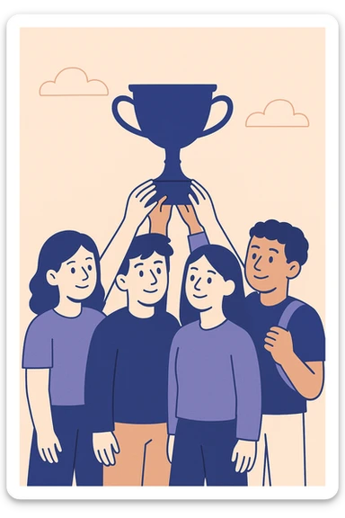 four students in a warm atmosphere lifting a trophy, flat design style, warm colors sticker
