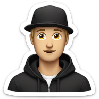 A white guy wearing a black hoodie and a black hat sticker