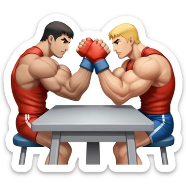 Two powerful arms locked in an intense arm wrestling competition. One arm is strong and steady, while the other strains to push back. The background shows a simple table with a focus on the clash of strength and determination. Transparent background. sticker