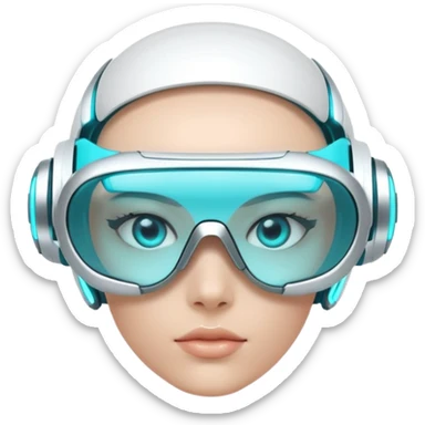 3D render of Digi-Visor, futuristic cyborg aesthetic, fusion of organic skin and chrome metal, sleek white plastic eyewear with a cyan glowing strip, isolated on white background --v 6.0. sticker