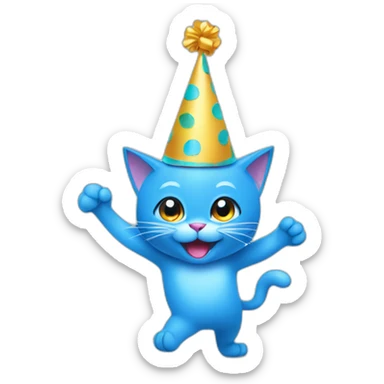 blue dancing cat with a party hat as outline illustration sticker