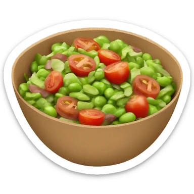cardboard bowl with edamame salad meat and tomatoes sticker
