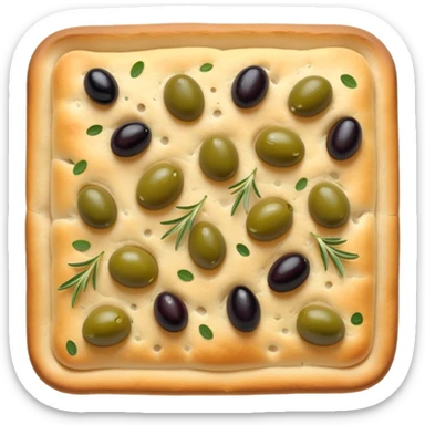 cinematic-realistic-focaccia-bread-dish-emoji,-depicted-as-a-golden,-olive-oil-brushed-flatbread-sprinkled-with-herbs-rendered-with-lifelike-texture-and-soft,-appetizing-lighting showing olives on top  sticker