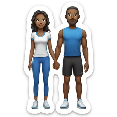 Emoji of a sporty couple, a man and a woman in athletic outfits, standing together in full body, holding hands, with Valentine's D sticker