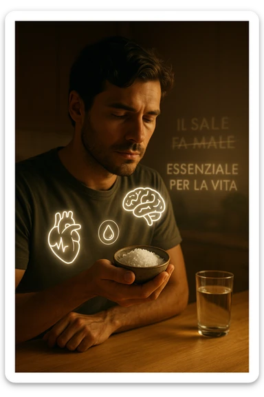 A realistic, cinematic illustration of a man in his early 30s holding a small bowl of unrefined sea salt in his hand, looking at it with awareness and respect. Around him, glowing minimalistic symbols of a beating heart, a brain, and hydrated cells appear, indicating the essential role of sodium in hydration, nerve conduction, and overall cellular health. In the background, faint text or floating words show the false myths: ‘Il sale fa male’, crossed out gently, while the phrase ‘Essenziale per la vita’ glows softly. The setting is a warm, softly lit kitchen with a glass of water nearby, emphasizing balance. The color palette is warm, natural, and calming, emphasizing that salt, when used consciously, is vital for human health, against common misconceptions demonizing it. sticker