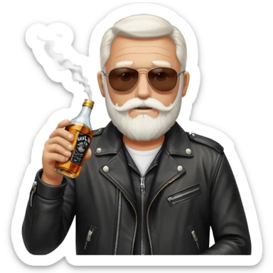 Un motero de barba blanca, gafas oscuras chupa de cuero y bebiendo de una botella de Jack Daniel's. sticker