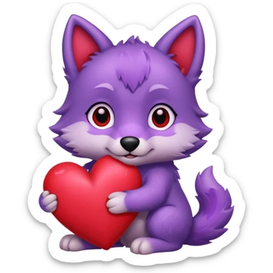Cute purple wolf pup holding heart sticker