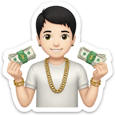 Has un chico con mucha plata en sus manos y en su alrededor, Con una cadena que diga "JovenBallin" y que tenga pelo negro y sea piel blanca sticker