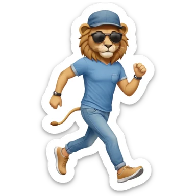friendly anthropomorphised lion in jeans and a t-shirt, wearing dark sunglasses and a hat, jogging upright in relaxed pose sticker