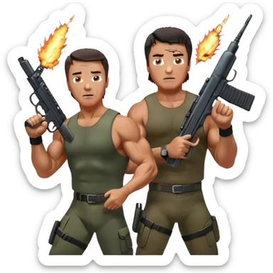 Icon for Action Movies: Close-up collage featuring Schwarzenegger in 'Commando' and  Stallone in 'Rambo', in bold poses. Background includes explosions, rockets flying, and machine guns. The style is reminiscent of a cinematic movie poster with intense, dramatic colors. Transparent background. sticker