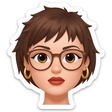 Female very very short brown hair few spikes gold hoop earrings  brown eyes glasses full lips sticker