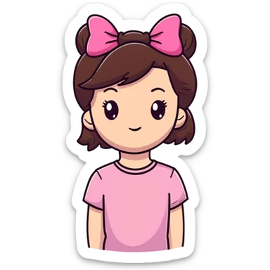 a girl with straight brown hair wearing a pink top with bow clip on hair sticker