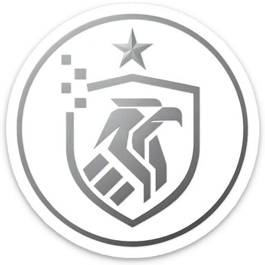 Place the logo inside a bold, modern circular badge. Maintain the minimal, futuristic, and authoritative style with dark blue, gray, and metallic silver colors. Ensure the design remains clean and recognizable at small sizes, with no background outside the circle. sticker