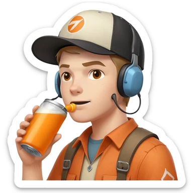 Team Fortress 2 Scout drinking BONK! Atomic Punch orange can, wearing headset and baseball cap, canonical appearance sticker