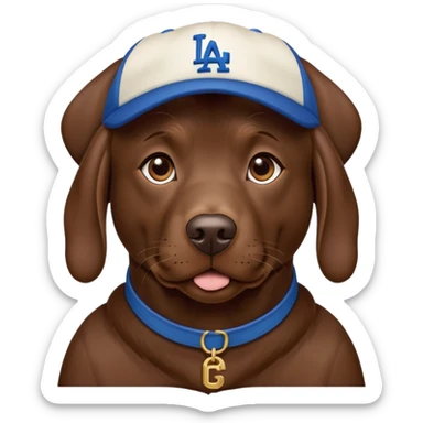 Chocolate lab wearing dodger hat sticker