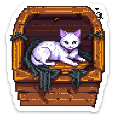 Make the cat in the coffin look spooky with eerie lighting, add cobwebs and ghostly effects in pixel art style, no background. sticker