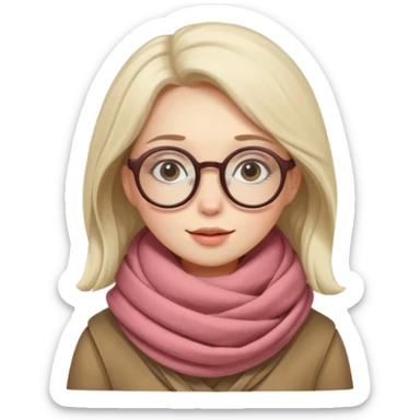 A shy woman with big round glasses and thick scarf, blushing from the cold. sticker