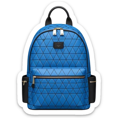 A stylish backpack, medium-sized, with a modern design in blue and black. It features a geometric pattern of subtle triangles across the front pocket, giving it a sleek yet dynamic look, front view sticker