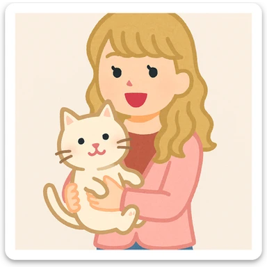 Taylor Swift in Irasutoya style, with a cat, cheerful expression sticker
