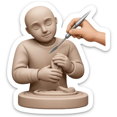 Sculpting icon, clay being shaped by hands, sculpting tools, unfinished sculpture, textured surface, minimalistic style, clean lines, transparent background. sticker