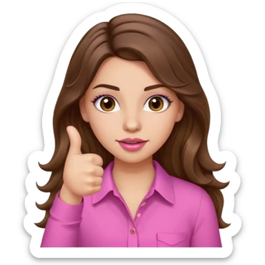 girl with long wavy brown hair, brown eyes, light to medium complexion, in a pink shirt, pink lips, long lashes, puckered lips, thumbs up sticker