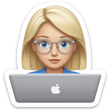 blonde hair woman blue eyes on mac lap top with glasses sticker