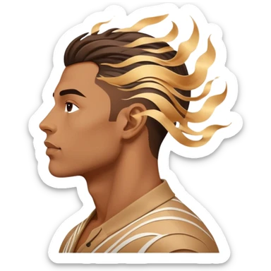 Male profile surrounded by floating fashion elements and energy waves, creative style essence, masculine vibe sticker