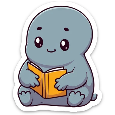 Zhdun (The One Who Waits), a cute gray blob-like creature with wrinkled skin, no neck, tiny hands resting on lap, patiently waiting sticker
