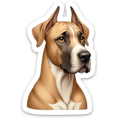 Cinematic Noble Fawn Great Dane Portrait Emoji, Poised and regal, with a towering, muscular build and a sleek, well-groomed solid fawn coat accented by subtle dark markings, deep-set soulful amber eyes, Simplified yet sharp and sophisticated features, highly detailed, glowing with a soft, dignified glow, high shine, intelligent and gentle, stylized with an air of majesty, focused and attentive, soft glowing outline, capturing the essence of a watchful and confident guardian, so majestic it feels as though it could stride out of the screen with effortless authority! sticker