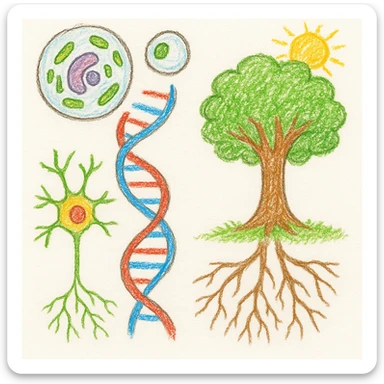 A realistic biological illustration (like in a school book) showing: DNA strands transitioning into a tree, cells with visible organelles, neurons connected to plant roots  and a balanced ecosystem background . Seamless integration, no labels or borders, complete white background (not off white!), detailed but minimalist.  sticker
