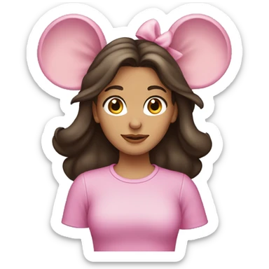Brunette wearing pink mouse ears sticker