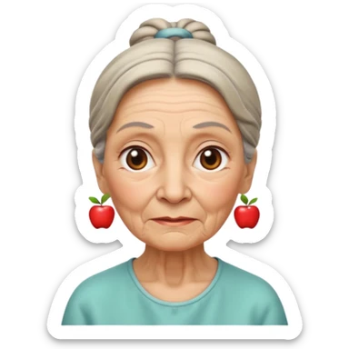 emoji of an elderly woman with wrinkles, hair tied back, serene expression, Apple emoji style sticker