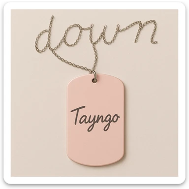 light pink dogtag with 'Tayngo' in handwritten style, chain spells 'down' in a delicate way sticker