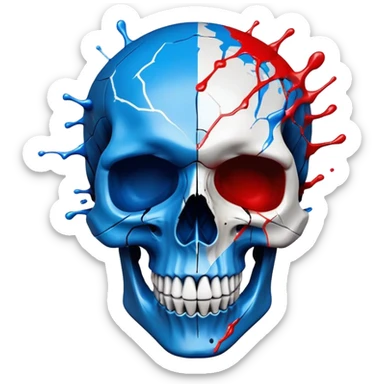 premium black skull with geometric brand patterns, striking electric blue and red paint splashes only within skull contours, perfect detailed fine art quality, three-quarter view sticker